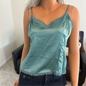 Vtg ECI 100% Silk Tank Top Beaded Green Fairy Cami Size 12 Y2K Romantic Babydoll